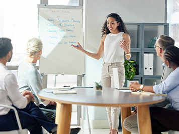 Business, woman and employee presentation and whiteboard, faq and training for company project.